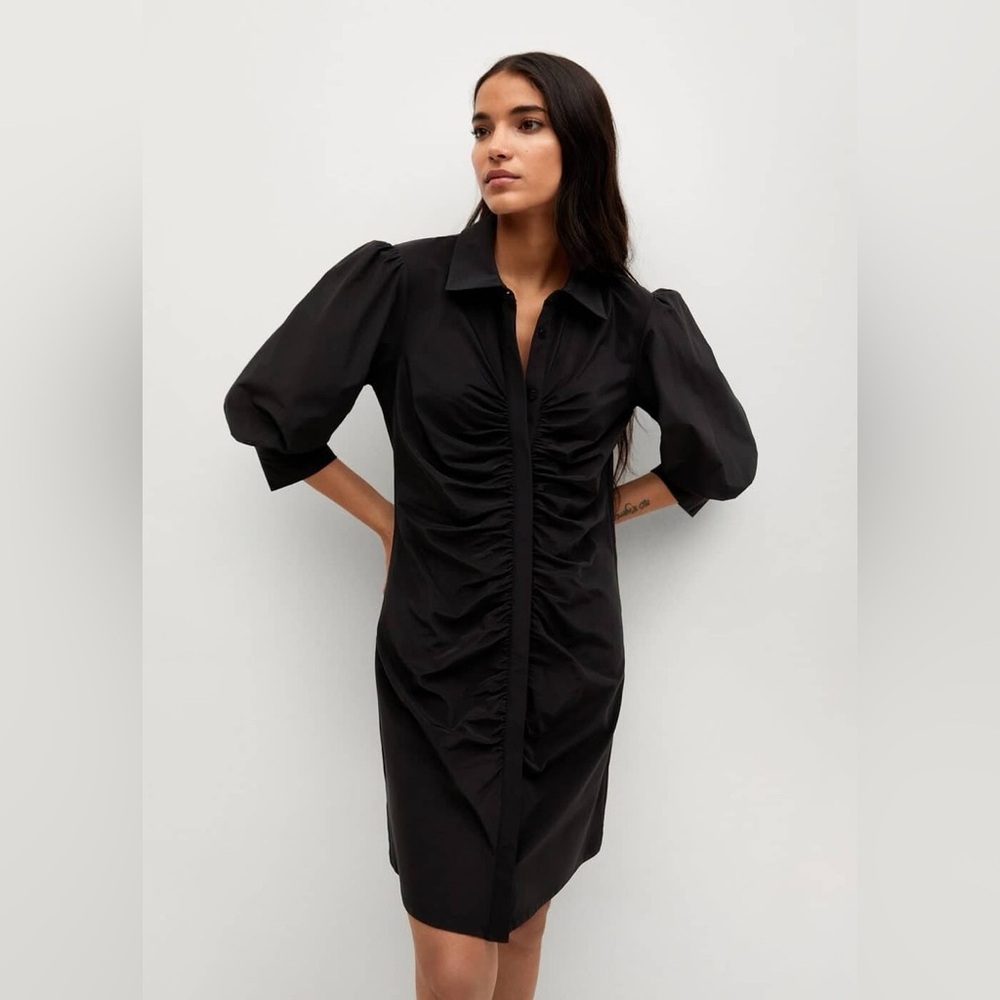 MANGO Ruched Detail Collared Neck Mini Dress Black US 4